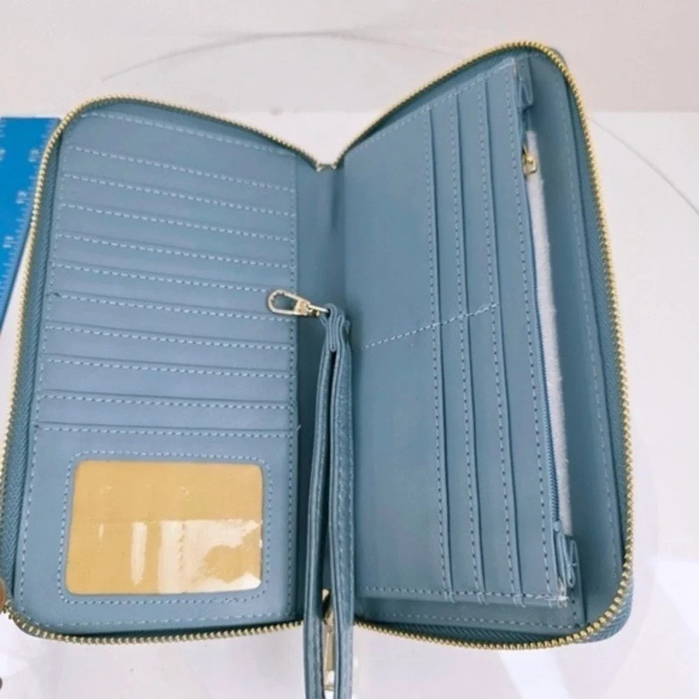Long Zip Continental Organizer Wallet Blue Vegan Leather Minimalist Quiet Luxury